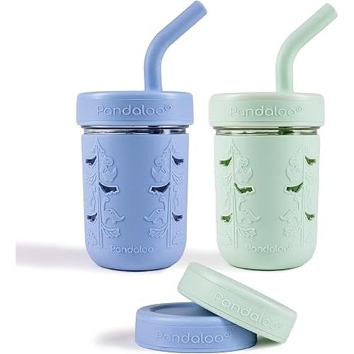 Pandaloo® Mason Jar Toddler Cup - 8 oz Spill-Proof Glass Tumbler with Silicone Straw and Lid, Non-Slip Sleeve, BPA-Free Toddler Snack Cups - Perfect Smoothie Cups with Lids and Straws for Kids