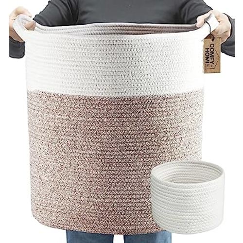 Laundry Basket 2pc by COMFY-HOMI Large Basket 18"X16" Tall Woven Cotton rope Basket with Handles Decorative Basket for Blankets Round Storage Basket for living room,Clothes,Pillows,Towels(White Brown)