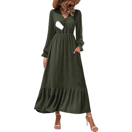 Women Nursing Boho Maxi Dress 2024 V Neck Swiss Dot Smocked High Waisted A-Line Ruffle Tiered Long Dress with Pockets