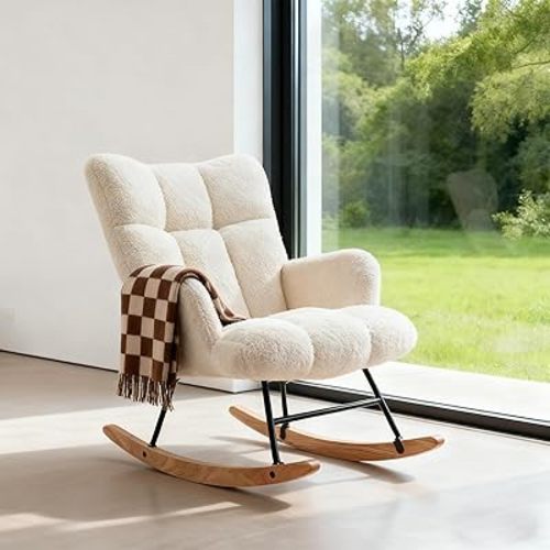Nurseny Rocking Chair, Upholstered Glider Rocker Accent Chair with High Backrest and Cozy Cushion, Papasan Reading Armchair for Living Room, Bedroom, or Study, Ivory White
