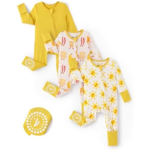 PATPAT Baby Boys Girls Bamboo Viscose Footies 3-Pack, NB-2T