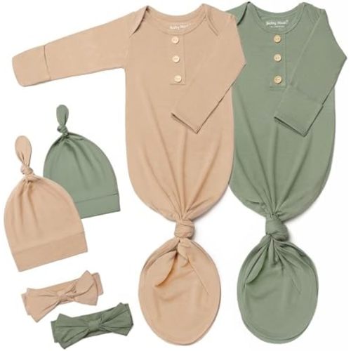 Baby Noah Newborn Knotted Gown Set with Hat and Headband, Soft Tie Bottom Newborn Sleepers for Baby Girl Boy (2 Packs)