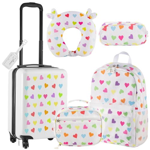 Redbaker 6 Pcs Kids Luggage Set 17 Inch Kids Rolling Luggage Double Pattern Suitcase for Girls Boys School Gift(White,Love Style)
