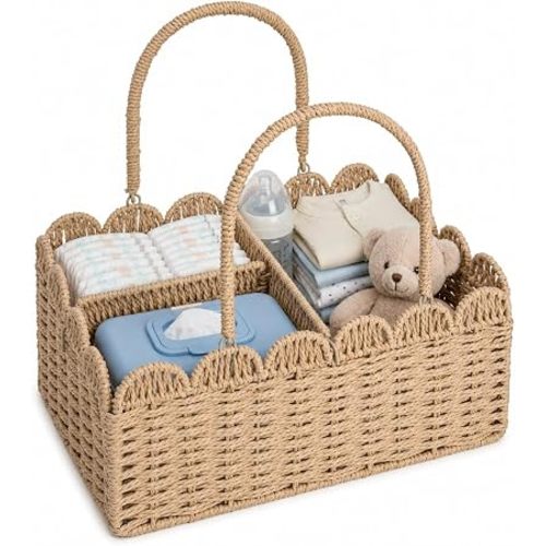 Large Wicker Diaper Caddy Organizer, Scalloped Nursery Basket for Changing Table, Woven Rope Baby Holder with Removable Divider, Portable Organizer for Diapers Wipes Clothes Toys & Essentials (Khaki)