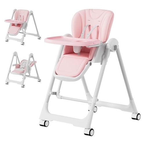 3-in-1 High Chairs for Babies and Toddlers, Foldable Baby High Chair with Rocking Mode, 5 Height Levels, Adjustable Backrest & Footrest, Lockable Wheels (Grey)