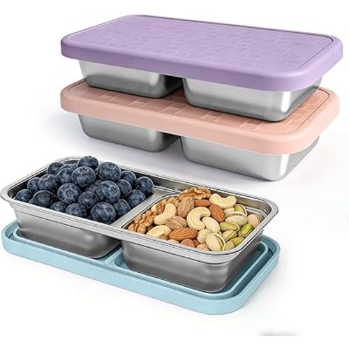 3 Pack 15 oz Stainless Steel Snack Containers for Kids, Reusable Metal Snack Containers with Silicone Lids, 2 Compartment Stackable Metal Toddler Lunch Box for Daycare, School and Outdoor