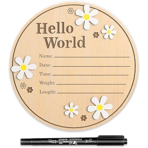 Baby Announcement Sign, 5.9 Inch Wooden Hello World Newborn Signs, Birth Announcement Sign and Pen, Little Daisy Welcome Newborn Arrival to World, Hospital Nursery for baby (Little Daisy)
