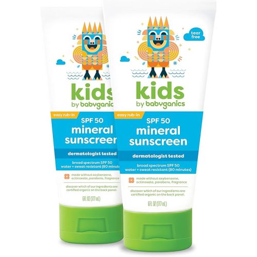 Babyganics SPF 50 Kids Sunscreen Lotion | UVA UVB Protection | Octinoxate & Oxybenzone Free | Water & Sweat Resistant, 6 Fl Oz (Pack of 2)