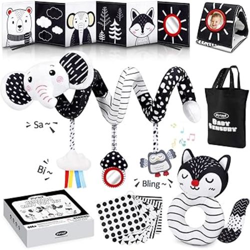 Joyreal High Contrast Baby Toys for Newborn, Black and White Baby Sensory Toys with Car Seat Toys,Infant Toys with Black White Cards Book, Montessori Toys for Baby Gifts (Elephant Theme)