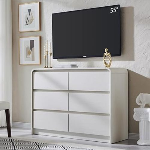 Modern 6 Drawers Dresser for Bedroom, 47" Wide Wood Dressers & Chests of Drawers with Curved Profile Design, Mid Century Modern Dresser for Closet for Bedroom, Living Room, Antique White