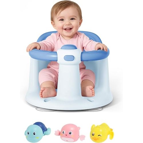 Baby Bath Seat for Babies 6 Months & Up - Bathtub Seats for Babies with 3 Baby Bath Toys, Non-Slip, Comfortable, Infant Bath Essentials-Blue