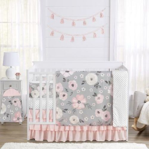 Sweet Jojo Designs Girl Crib Bedding + BreathableBaby Breathable Mesh Liner Baby Nursery Watercolor Floral Grey Pink and White
