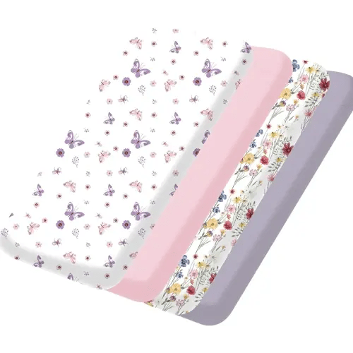 Bimocosy Pack and Play Sheets Fitted 4 Pack, 38 x 26 Inch Pack n Play Mini Crib Sheets for Boys and Girls, Soft Stretchy Playard Mattress Sheets for Graco Pack n Play, Butterfly Meadow