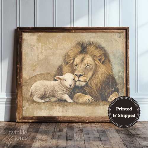 Lion and Lamb Painting, Rustic Christian Wall Art, Vintage Farmhouse Print, Religious Home Decor, Beige Nursery Poster, Printed and Shipped
