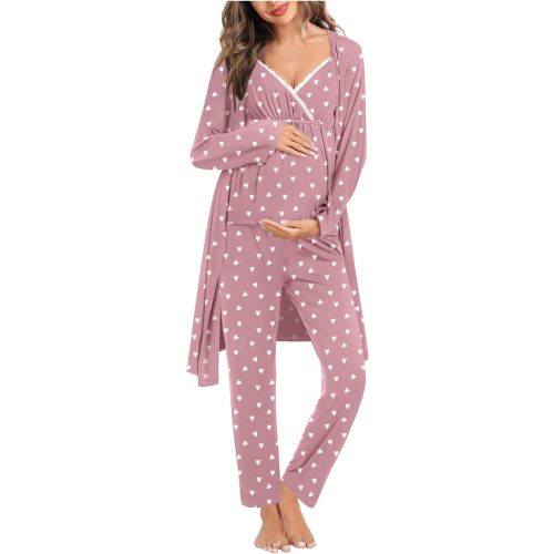 SWOMOG Maternity Nursing Robe Set 3 Piece Breastfeeding Pajamas 3 in 1 Labor Delivery Sleevless Tops&Long Pants Pregnancy Pjs