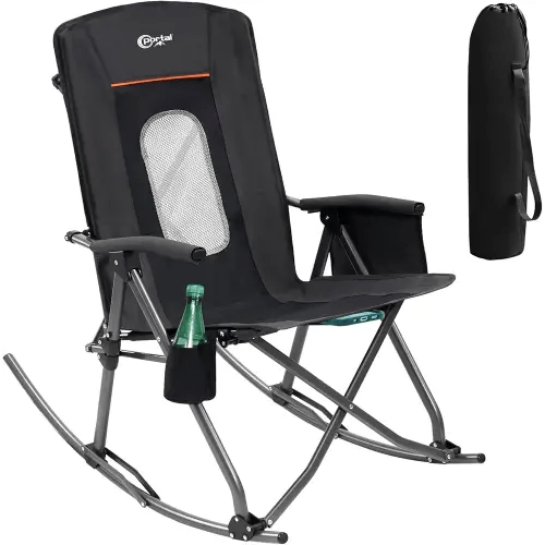 PORTAL Oversized Folding Rocking Camping Chair Portable Outdoor Rocker with High Back Hard Armrests Carry Bag, Supports 400 lbs, Mesh Back