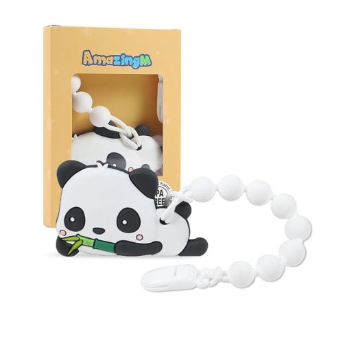 Baby Food Grade Silicone Teether Toy with One Piece Design Pacifier Clip Holder,Teething Pain Relief Toys Gift Set for 3 Months+ Boys and Girls,Freezer Safe,BPA Free. (Panda)