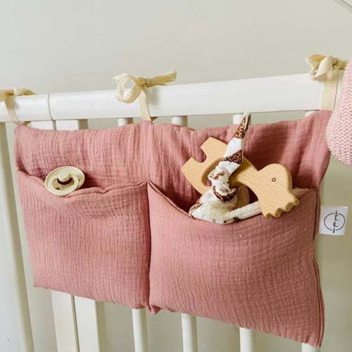 2 Pockets Baby Crib Storage Bag with Strap Cotton Moisture-proof Bedside Hanging Organizer for Daily Use-leaveforme