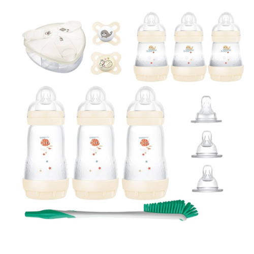 MAM Baby’s First Gift Feeding Set, Newborn Essentials Must Have for 0-3 Months, Self-Sterilizing Anti-Colic Bottles & Brush, Pacifiers, Skinsoft Silicone Nipples & Formula Dispenser, Unisex Set