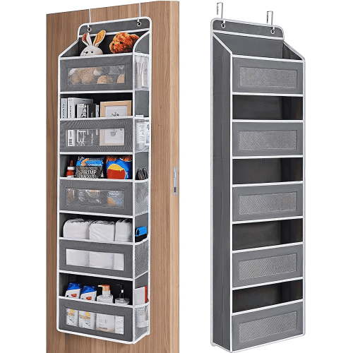 Over The Door Organizer with 5 Large Pockets + 10 Mesh Side Pockets, 44 lbs Weight Capacity – Hanging Storage for Toys, Shoes, Diapers – Clear Window, Dark Grey, Space-Saving Design