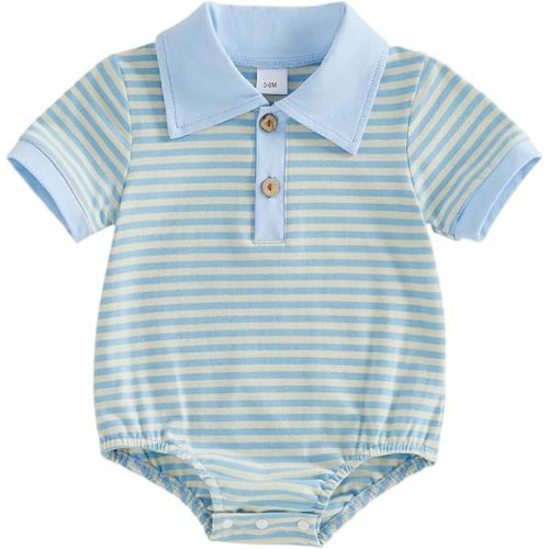 VISGOGO Baby Boy Striped Romper Waffle Short Sleeve Button Oversized Bodysuit Summer Baby Collared Polo Shirt Clothes