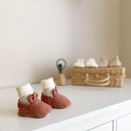 Muslin Soft Sole Baby Shoes with Ears, Handmade Organic Cotton Baby Booties, Gender Neutral Newborn/Toddler Footwear, Gift for Infants 0-12M