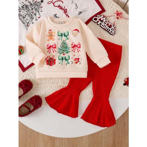 SHEIN Playful Pals Baby Girls Halloween Print Ribbed Flared Pants Set, Autumn, For Christmas | SHEIN USA