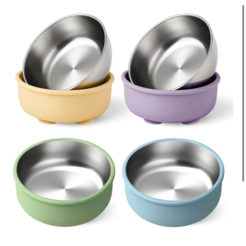 Mity rain 4-Pack Baby Bowls with Suction,Stainless Steel Toddler Bowl with Removable Silicone Shell, Non-Slip Unbreakable babies bowls with silicone suction & Kids Bowls for Baby Food Feeding