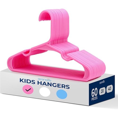 SereneLife 60 Pack Plastic Kids Hangers – Non-Slip Baby Hangers for Closet, Space-Saving Thin Design for Organizing Clothes, Infant, Toddler, and Newborn Clothing (Pink)