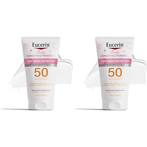 Eucerin Sun Sensitive Mineral Baby Sunscreen Lotion SPF 50 with Zinc Oxide Protection,Hypoallergenic Mineral Sunscreen for Babies,Tear Free and Fragrance Free,4 Fl Oz Tube,(Pack of 2)