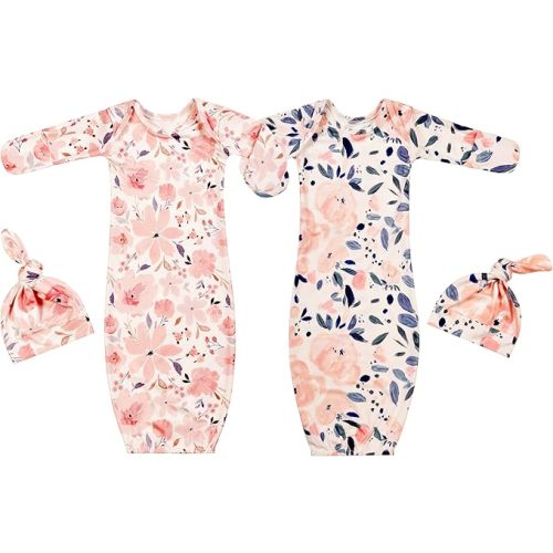 Newborn Baby Sleeper Gown with Beanie 0-3 Months | 2 Pieces Set Floral Nightgowns for Baby Girls Coming Home Outfits Machine Washable