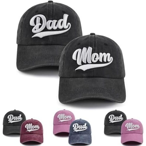 2PCS Mom and Dad Hat,3D Embroidered Adjustable Cotton Baseball Caps Gift for Couples Parents