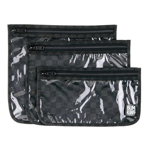 Bumkins Travel Bag, Toiletry, TSA Approved Pouch, Zip Bag, Quart Size Airline Compliant, Clear-Sided, Baby, Diaper Bag Organization, Makeup, Accessories, Carry On Packing, Set of 3 Sizes, Black Check