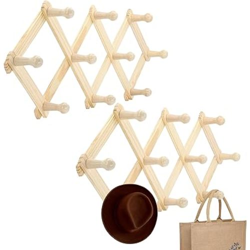 RamPro Accordion Style Wood Expandable Rack Hat, Cap, Belt, Umbrella Coffee Mug Wall wooden Pegs (Set of 2)