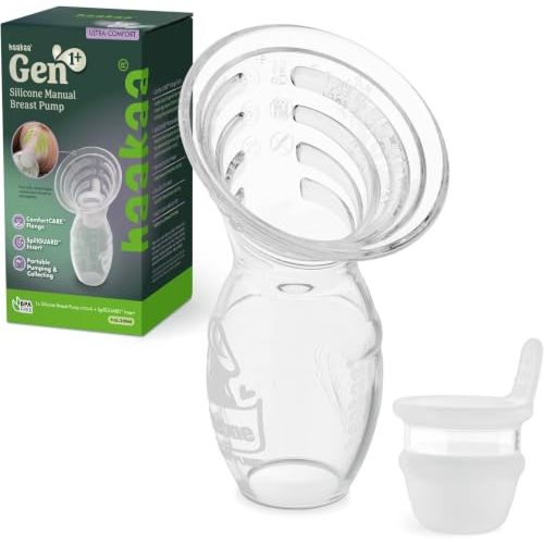 haakaa Gen.1 Plus Silicone Manual Breast Pump 4oz & SpillGUARD Insert Set | Gentler pumping, SpillGUARD helps reduce spills, ultra-soft ComfortCARE flange, quiet & cord-free, BPA-free