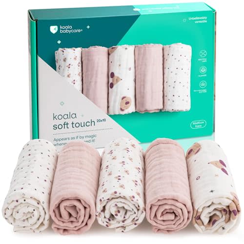 Koala Babycare 5 Pack 20"x10" Organic Burp Cloths for Baby Boys and Girls - GOTS & OEKO-TEX Cotton Burp Rags for Newborns - Absorbent Neutral Burping Cloths for Feeding - Washable Baby Bibs Essentials