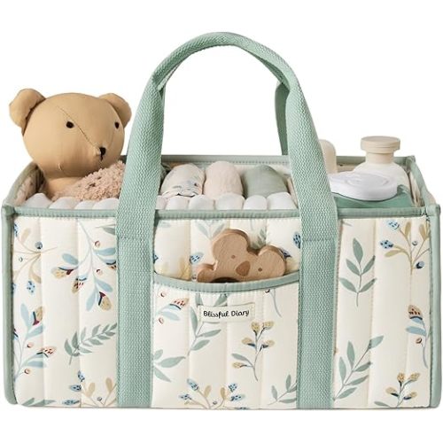 Blissful Diary Leaf Diaper Caddy Organizer, Stylish Nursery Storage Basket, Gift for Baby Shower, Newborn Essentials, Sage Leaf