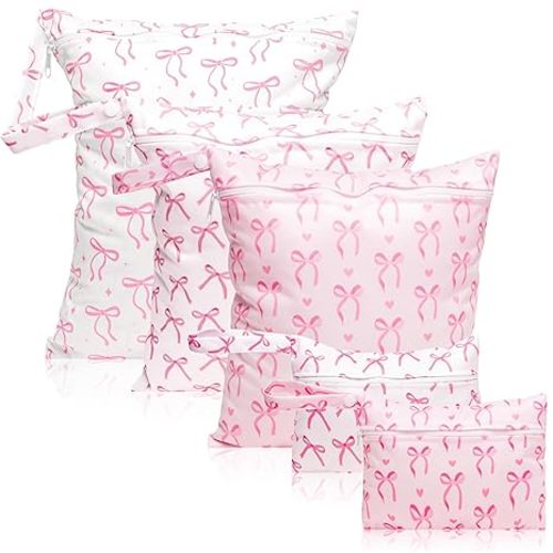 R HORSE 5Pcs Waterproof Baby Diaper Bag, Cute Pink Bow Wet Dry Bag with Handle Zipper Toiletry Organizing Pouches for Cloth Diapers Swimsuits Travel Beach Pool Essentials for Boys Girls