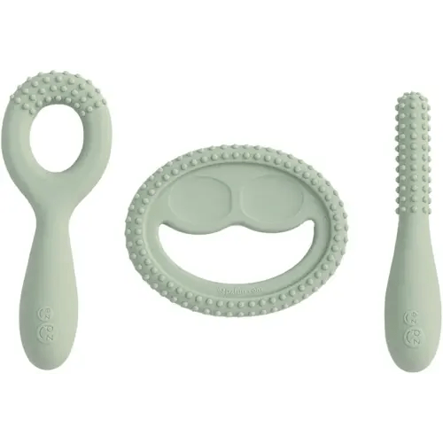 ezpz Oral Development Tools - 3 Months+ (3 Pack in Sage) - Non-Slip Loop, Smile and Stick, 100% Silicone Tools to Practice Feeding + Chewing - Sensory Bumps - Dishwasher Safe