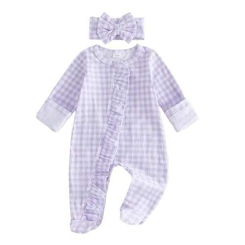 Newborn Girls Fall Outfits Long Sleeve Romper Plaid Print Footed Zipper Jumpsuit with Bow Headband Infant Clothes
