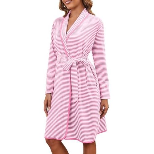 Cotton Robes for Women Striped Long Sleeve Kimono Bath Robe Lightweight House Coat Bathrobe Loungewear with Pockets