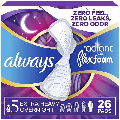 Always Radiant Feminine Pads for Women, Flexfoam Pads with Wings, Size 5, Extra Heavy Overnight Absorbency, Lightly Scented, 26 Count