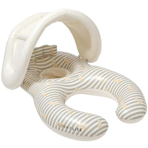 Sunnylife: Float Together Baby Seat - Duck Sage Stripe - Supportive Inflatable Side-By-Side Caregiver & Baby Tube, Canopy-Headrest, Pool-Water, 1-2yr
