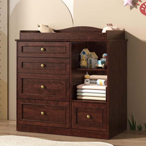 ChVans Changing Table Dresser, Baby Classic Nursery Dresser with 5 Drawers & Open Storage Shelves, Convertible Nursery Dresser Chest of Drawers