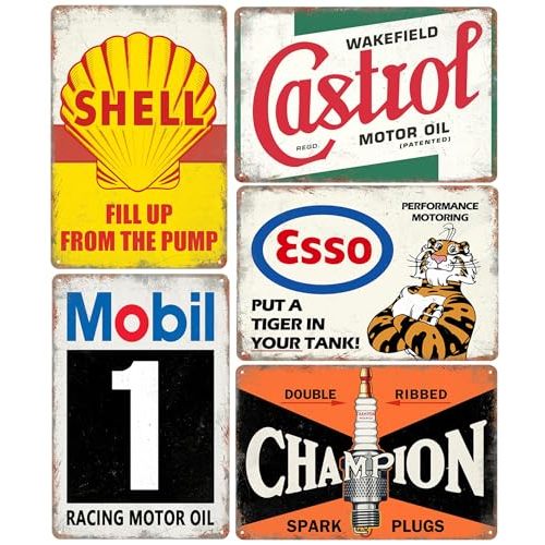 Vintage Metal Tin Signs Garage Signs, Man Cave Accessories Old Car Posters Motor Oil Antique Gas Oil Sign Tiki Bar Decor 8 x 12 Inch(5pcs)