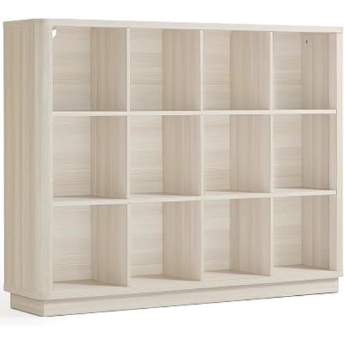 Joaxswe 12 Cube Storage Organizer, 41" Large Bookshelf with Curved Edge, Wood Floor Standing 3-Tier Cubby Bookcase w/Base, Modern Display Storage Cabinet for Living Room, Office, Gray-White Cream Oak