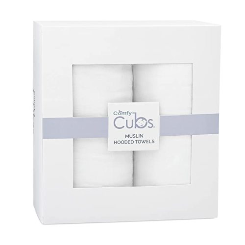 2 Pack Baby Hooded Muslin Cotton Towel for Kids, Large 32” x 32”, Ultra Soft, Warm, and Absorbent. Baby Essentials Bath Towels, Cute Unisex Cover for Girls and Boys by Comfy Cubs ( 2 Pack, White)