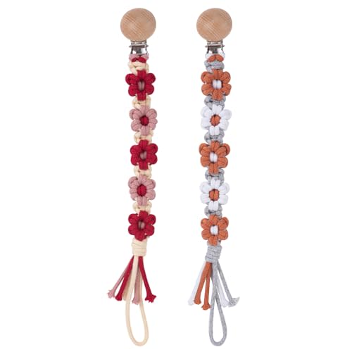 Symbolife Pacifier Clip for Boys Girls Floral Daisy Macrame Baby Paci Clip Pacifier Holder Leash Boho Wooden Clips Handmade Braided Cotton Binky Clips (2pack:Red Daisy × 2)