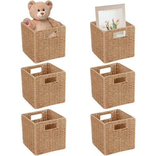 6 Pack 8.7 Inch Wicker Baskets, Hand Woven Paper Rope Storage Baskets, Foldable Cube Storage Bins Organizer Square Wicker Cubes for Shelves Pantry Organizing & Decor
