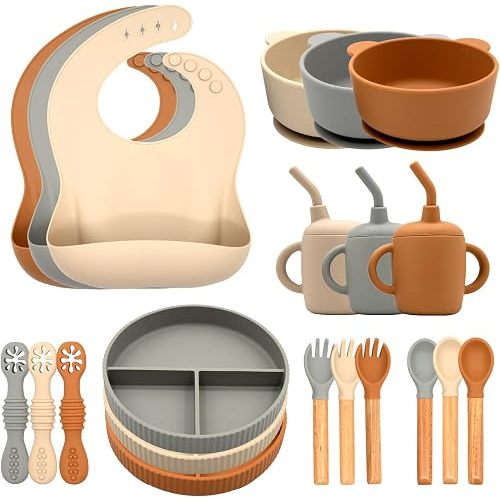 CHCC Silicone Baby Feeding Set 21 Pcs, Baby Led Weaning Supplies, Baby Feeding Supplies Set BPA Free, Essentials for Newborn Gift Walnut Color, Beige, Smoky Gray